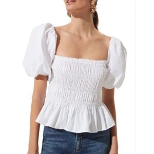ASTR The Label Savina White Poplin Puff Sleeve Smocked Peplum Ruffle Top Small